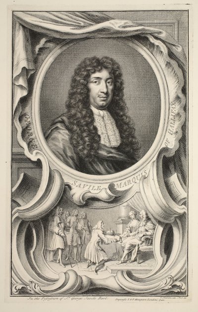 Halifaxin markiisin Savilen muotokuva, kuvitus teoksesta Heads of Illustrious Persons of Great Britain, pub. kirjoittanut Knapton, Lontoo 1742 tekijältä Jacobus Houbraken