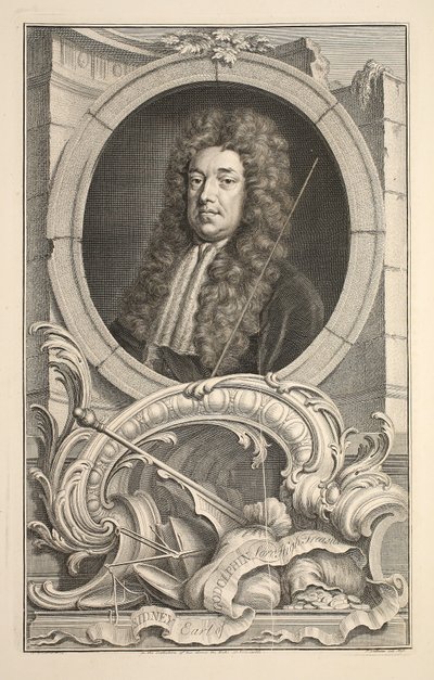 Muotokuva Sidneystä, Earl of Godolphinista, kuvitus teoksesta Heads of Illustrious Persons of Great Britain, pub. kirjoittanut Knapton, Lontoo 1742 tekijältä Jacobus Houbraken