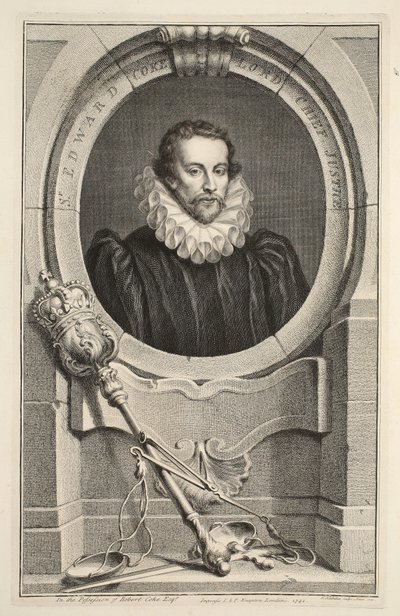Muotokuva Sir Edward Cokesta, Lord Chief Justice, kuvitus teoksesta Heads of Illustrious Persons of Great Britain, pub. kirjoittanut Knapton, Lontoo 1742 tekijältä Jacobus Houbraken