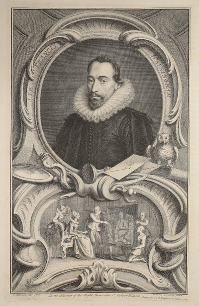 Sir Francis Walsinghamin muotokuva, kuvitus teoksesta Heads of Illustrious Persons of Great Britain, pub. kirjoittanut Knapton, Lontoo 1742 tekijältä Jacobus Houbraken