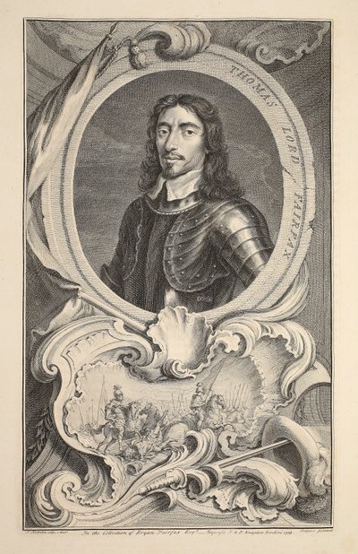 Muotokuva lordi Thomas Fairfaxista, kuvitus teoksesta "Heads of Illustrious Persons of Great Britain", julkaisija Knapton, Lontoo 1742. tekijältä Jacobus Houbraken