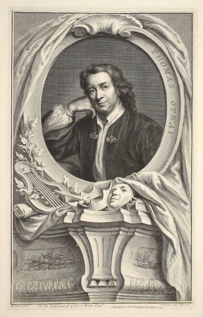 Thomas Otwayn muotokuva, kuvitus teoksesta "Heads of Illustrious Persons of Great Britain", julkaisija Knapton, Lontoo 1742. tekijältä Jacobus Houbraken