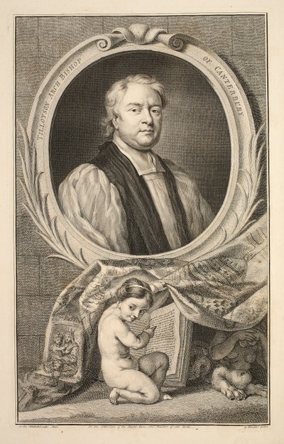 Canterburyn arkkipiispa Tillotsonin muotokuva, kuvitus teoksesta Heads of Illustrious Persons of Great Britain, pub. kirjoittanut Knapton, Lontoo 1742 tekijältä Jacobus Houbraken