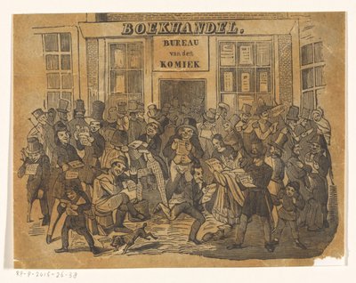 Yleisöä kirjakaupan eteen saadakseen De Komiek tekijältä Jacobus Wilhelmus Adrianus Hilverdink (possibly)
