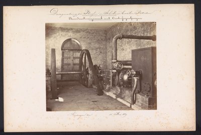 Höyrypumppuasema keskipakopumpuilla / Kralingen den 14. toukokuuta 1869 (otsikko esineessä) Järvien talteenotto Schielandissa Rotterdamin itäpuolella (sarjan nimi esineessä) tekijältä Jacobus van Gorkom jr.