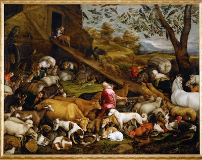 Eläimet astuvat Nooan arkille (maalaus kankaalle) tekijältä Jacopo (1510-92) Bassano