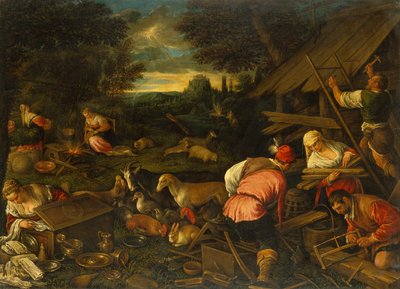 Jumala puhuu Nooalle vedenpaisumusten jälkeen, n. 1578 (öljy kankaalle) tekijältä Jacopo and Bassano Francesco (F. da Ponte) Bassano