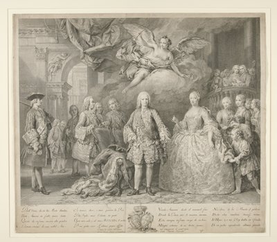 Ferdinand VI ja hänen kuningattarensa Maria Barbara Braganzasta Scarlattin ja kuuluisan italialaisen kastraatin Farinellin kanssa tekijältä Jacopo (after) Amigoni