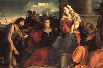 Madonna ja lapsi sekä Johannes Kastajan ja pyhimysten kanssa tekijältä Jacopo (c.1480 1528) Palma