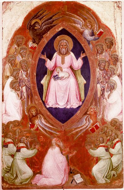 Ilmestyskirjan polyptyykin keskuspaneeli: Pyhän Johannes Evankelistan näky. Detrempe puulla, Jacobello Alberegno (1367-1397 noin) 1360-1390. Gallerie dell