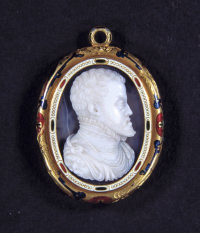 Espanjan kuninkaan Philip II:n (1527-1598) muotokuva. Mitali kalsedonia tekijältä Jacopo Nizzola da Trezzo