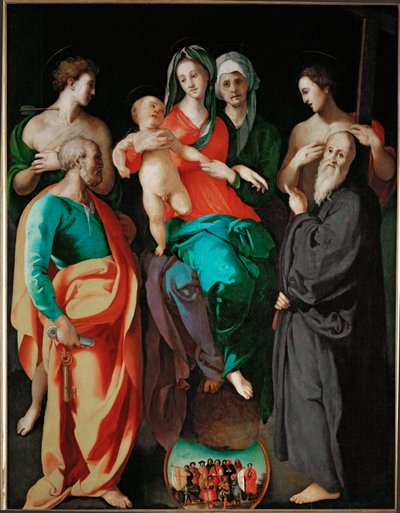 Neitsyt Pyhän Annan ja neljän pyhimyksen (Pietari Sebastián, Benedictus ja hyvä pahantekijä ... tekijältä Jacopo Pontormo