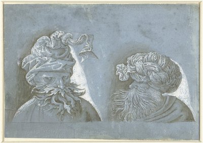 Kaksi miehen päätä päähineillä Miesten päät ulkomaalaisten päähineillä (sarjan nimi) tekijältä Jacopo Ripanda (attributed to)