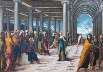 Kristus ja avionrikkoja, n. 1545-48 (öljy kankaalle) tekijältä Jacopo Robusti Tintoretto