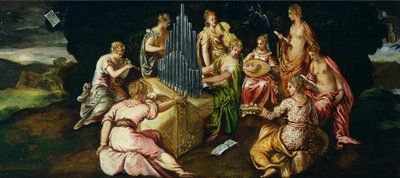 Muses ja Pierides välinen kilpailu, Jacopo Robusti, joka tunnetaan nimellä Tintoretto (1519-1594), öljy paneelille, 46x91 cm tekijältä Jacopo Robusti Tintoretto