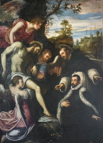 Kuollut Kristus kolmen enkelin, pyhän Dominikuksen ja lahjoittajan tukemana. tekijältä Jacopo Robusti Tintoretto