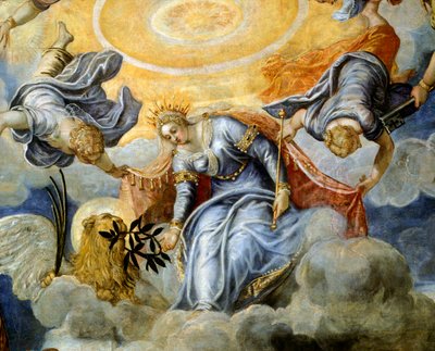 Doge Niccolo da Ponte vastaanottaa oliivinoksaa Venetsiasta, kirjoittanut Jacopo Robusti, joka tunnetaan nimellä Tintoretto (1518-1594), Detail, Sala del Maggior Consiglio (Suurneuvoston sali), Palazzo Ducale, Venetsia tekijältä Jacopo Robusti Tintoretto
