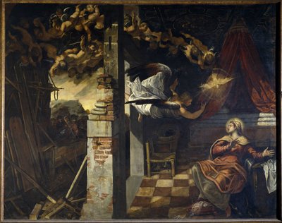 Ilmoitus. Jacopo Robustin maalaus, joka tunnetaan nimellä Le Tintoretto (Il Tintoretto) (1518-1594) tekijältä Jacopo Robusti Tintoretto