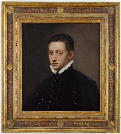 Pojan muotokuva, rintakuva, mustassa kaksoispaidassa, jossa valkoinen kaulus tekijältä Jacopo Robusti Tintoretto
