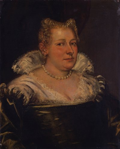 Naisen muotokuva, rinnan pituus vihreässä mekossa, jossa valkoinen kaulus tekijältä Jacopo Robusti Tintoretto
