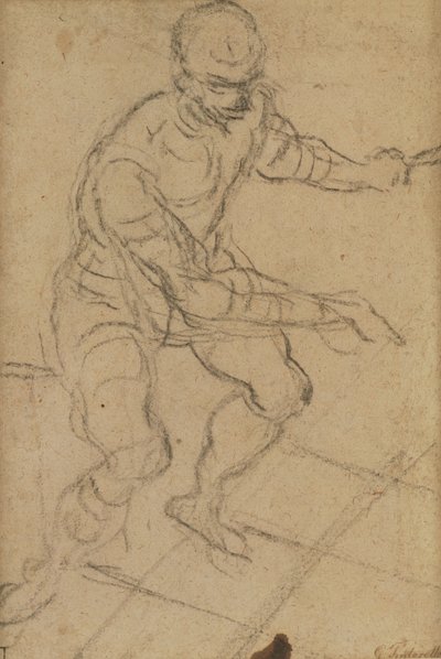 Istuva mies ylhäältä katsottuna (musta liitu paperille) (recto) (katso versio 160813) tekijältä Jacopo Robusti Tintoretto