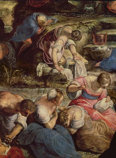 Mannan kokoontuminen, keskeinen yksityiskohta: ompeleva nainen tekijältä Jacopo Robusti Tintoretto