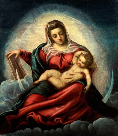 Madonna ja lapsi mandorlassa puolikuussa ja pilvissä, viisauden kirjan kanssa tekijältä Jacopo Robusti Tintoretto
