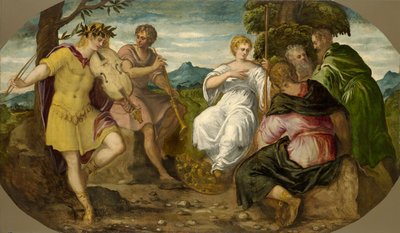 Musiikkikilpailu Apollon ja Marsyasin välillä, noin 1545. tekijältä Jacopo Robusti Tintoretto