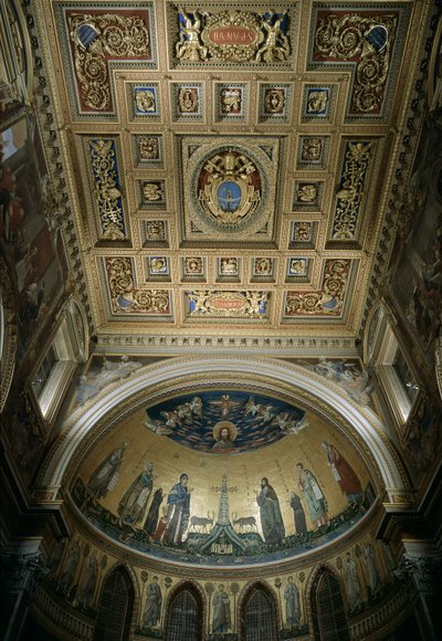 Sisäkuva Pyhän Johanneksen basilikan (San Giovanni in Laterano) apsisista. Jacopo Torritin mosaiikki (toimii noin 1291-1300-luvulla) ja Jacopo da Camerino (toimii noin 1288-1331), jotka edustavat Jerusalem Celesteä. Rooma tekijältä Jacopo Torriti