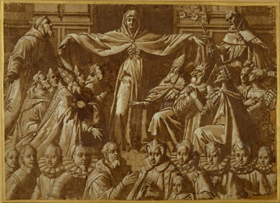 Madonna della Misericordia Sts. Franciscus ja Dominic muiden pyhimysten ja hallitsijoiden sekä lahjoittajien perheen kanssa (kynä ja ruskea muste pesuaineella ja valkoinen vartaloväri paperilla) tekijältä Jacopo Zucchi