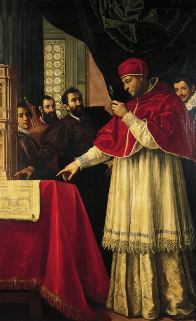 Michelangelo esittelee San Lorenzon julkisivun, Laurentiuksen kirjaston ja Medicien hautakammioiden malleja paavi Leo X:lle ja kardinaali Giulio de Medicille. tekijältä Jacopo da Empoli (and workshop)