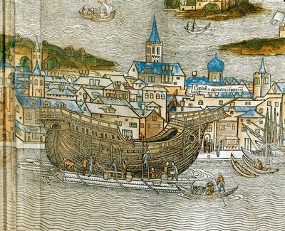 Kaleerin rakentaminen Venetsian telakalla, Peregrinatio in Terram Sanctam -teoksesta, joka painettiin ensimmäisen kerran latinaksi vuonna 1486... (puupiirros). tekijältä Jacopo de