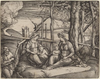 Pyhä perhe Pyhän Elisabetin ja pikkulapsen pyhän Johannes Kastajan kanssa, n. 14991501. tekijältä Jacopo de Barbari