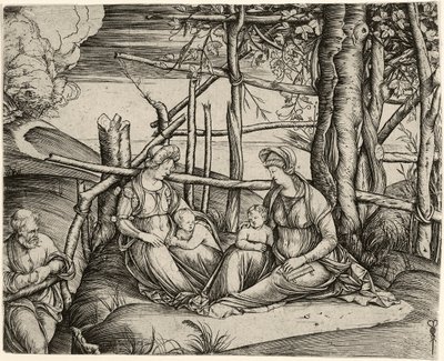 Pyhä perhe Pyhän Elisabetin ja Pyhän Johanneksen lapsen kanssa, n. 1499-1501 tekijältä Jacopo de Barbari