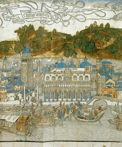 Venetsia ja vanha campanile ennen maanjäristyksen aiheuttamaa tuhoa, Pregrinatio in Terram Sanctam -teoksesta, joka painettiin ensimmäisen kerran vuonna 1486 ... (puupiirros). tekijältä Jacopo de