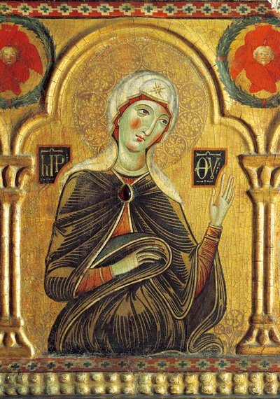 Marian figuuri, Lunastaja Madonnan ja kolmen pyhän kanssa, Meliore Toscano tai Meliore di Jacopo (noin 1255-1285), tempera ja kulta paneelissa, 85x210 cm tekijältä Jacopo di Meliore