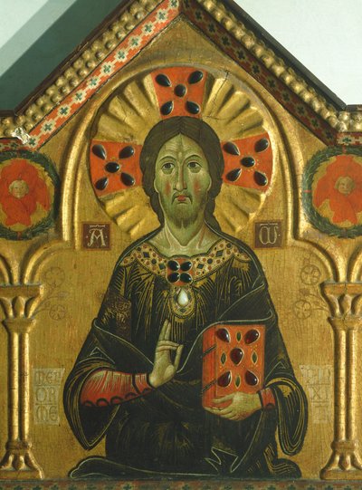 Lunastaja, yksityiskohta Lunastaja Madonnan ja kolmen pyhän kanssa, Meliore Toscano tai Meliore di Jacopo (noin 1255-1285), tempera ja kulta paneelissa, 85x210 cm tekijältä Jacopo di Meliore