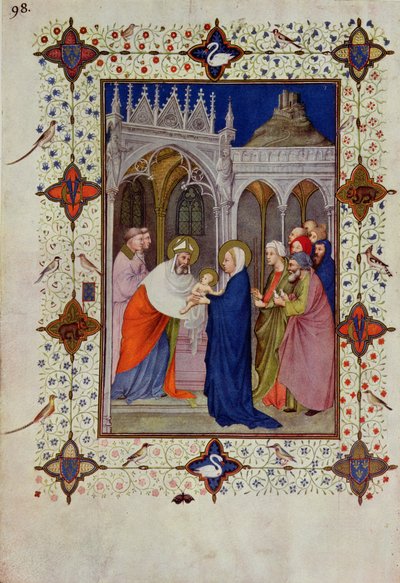 MS 11060-11061 Notre Damen aukioloajat: Ei mitään, esitys temppelissä, "Tres Riches Heures du Duc de Berry" tekijältä Jacquemart de Hesdin