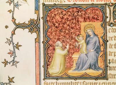 Ms Lat 18014 Jean de France (1340-1416) Berryn herttua rukoilemassa Neitsyen ja lapsen edessä, Les Petites Heures de Duc de Berrystä, n. 1385-1390 tekijältä Jacquemart de Hesdin
