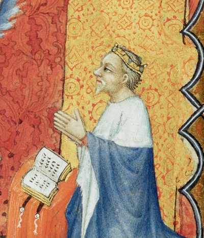 Ms Lat 18014 Jean de France 1340-1416 Berryn herttua rukoilee ikuisen Isän edessä, teoksesta Les Petites Heures de Duc de Berry, n.1385-90, pergamentti yksityiskohta vuodelta 159990. tekijältä Jacquemart de Hesdin