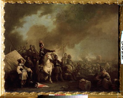 ""Sotilasleiri piirityksen aikana"" (Sotilasleiri piirityksen aikana) Jacques Courtois dit le Bourguignonin maalaus (1621-1676) 1600-luvun valtion ulkoilmamuseo Tsarskoje Selo, Pietari tekijältä Jacques Courtois