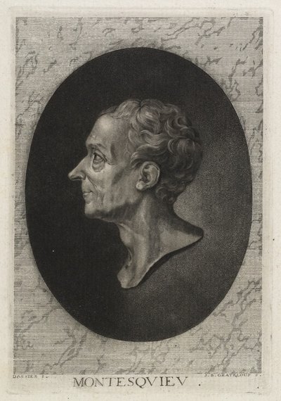 Montesquieu, kaiverrus Jean-Baptiste de Grateloup, 1768 (pisteetsaus mezzotintilla) tekijältä Jacques Antoine Dassier