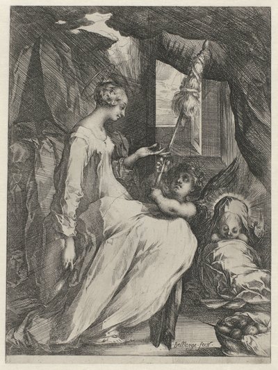 Neitsyt Maria pyörivässä Kristuslapsen ja enkelin kanssa Maria lapsen kanssa ja enkeli pitelee nastaa tekijältä Jacques Bellange