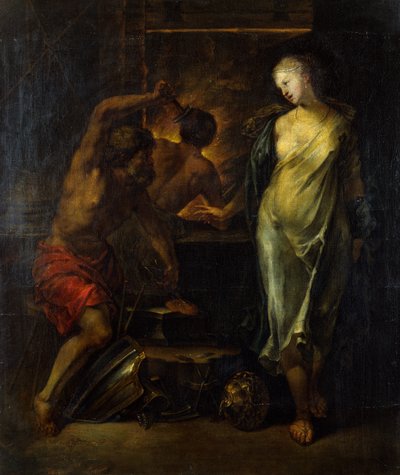 Vulkaani takoo Akhilleuksen panssaria, jota valvoi Thetis (öljy kankaalle) tekijältä Jacques Blanchard