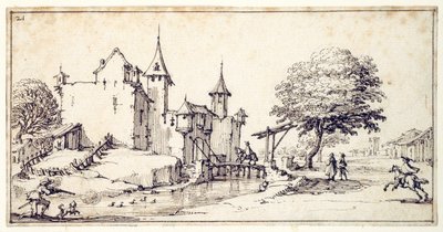 Linna laskusillalla (kynä ja ruskea muste paperille) tekijältä Jacques Callot