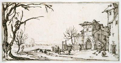 Heinänkorsi tuodaan kylän keskiaikaiselle portille, mies katkoo oksaa, Israel Silvestren albumista, noin 1630 (tussi ja tussi paperille). tekijältä Jacques Callot