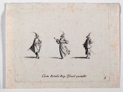 Nainen musisoimassa ja kaksi ratsumiestä, ... (kaiverrus) tekijältä Jacques Callot