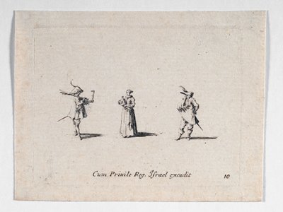 Nainen viinipullon ja kahden ratsumiehen kanssa, ... (kaiverrus) tekijältä Jacques Callot