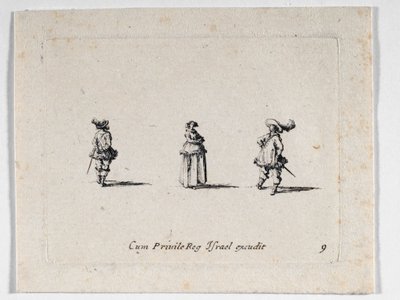 Nainen kädet ristissä ja kaksi ratsumiestä, ... (kaiverrus) tekijältä Jacques Callot