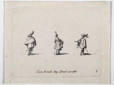 Nainen, jolla on kerätty hame, ja kaksi ratsumiestä, teoksesta Les Fantaisies de Noble J. Callot ... (kaiverrus) tekijältä Jacques Callot
